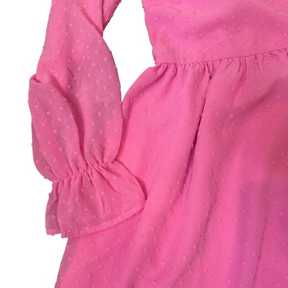 ZENANA Candy Pink Swiss Dot Medium Babydoll V Neck Dress Long Sleeve - Picture 5 of 8